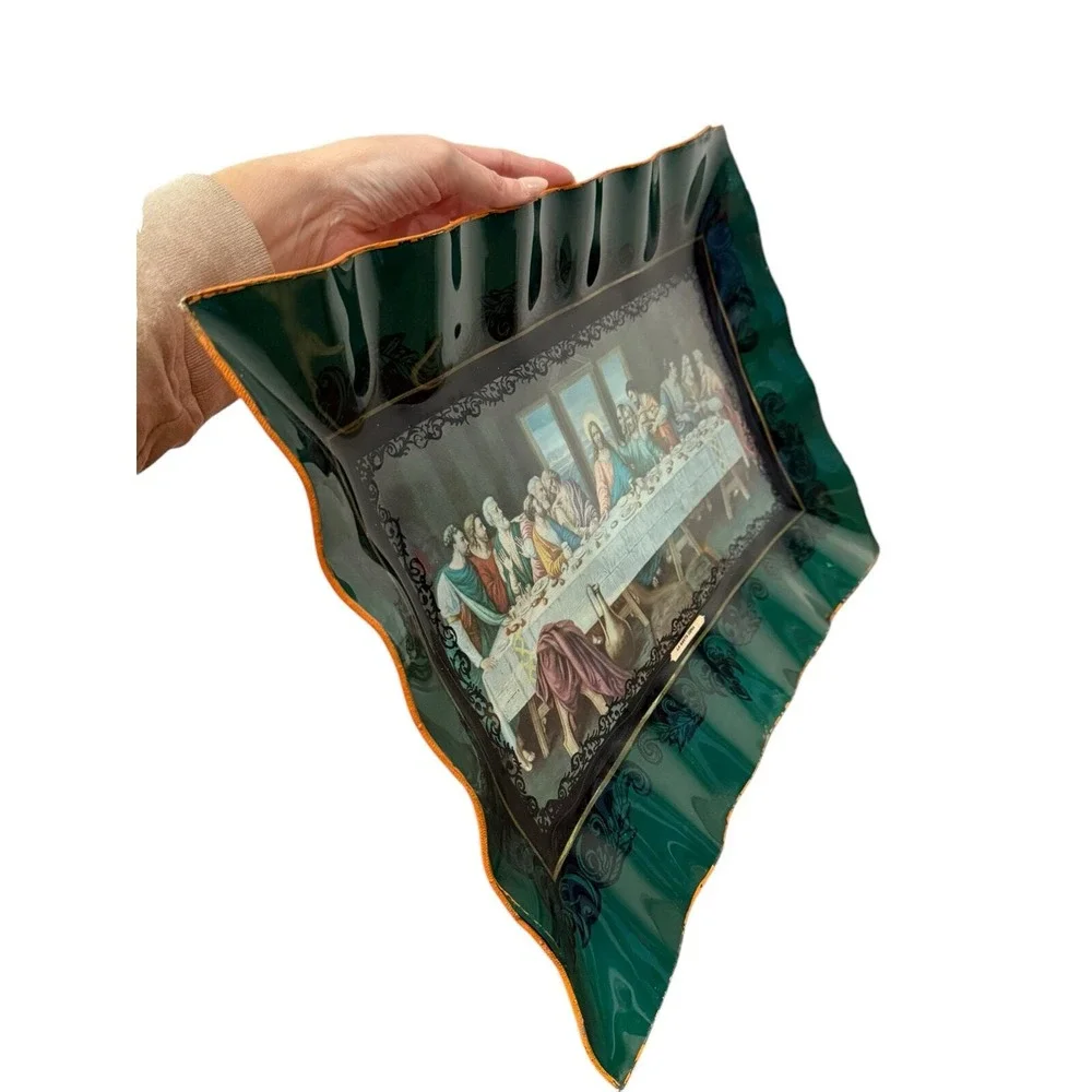 Vintage Last Supper Serving Tray Wall Hanging 19x13 Green Gold MCM Decor